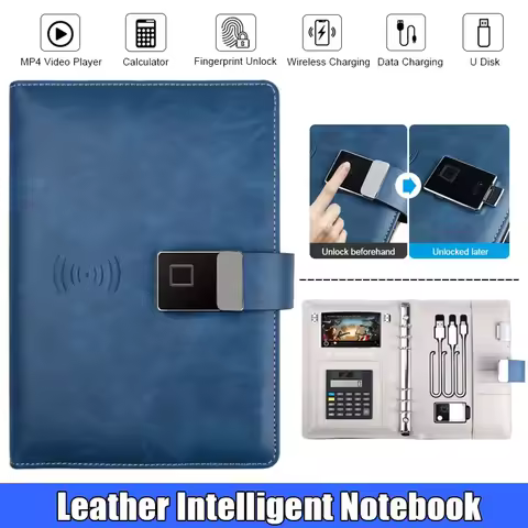 Fingerprint Lock Leather Smart Notepad with Calculator for Student Designer Business Man Record Note