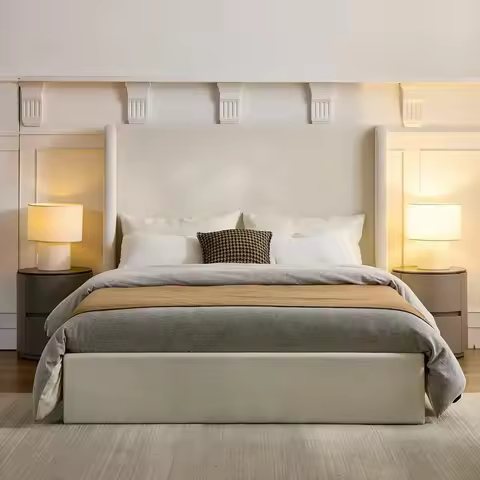 King-Sized Upholstered Platform Bed, 52.3 High, Carmen Wingback, Tall King Floor Bed,No Box Spring, 