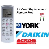 AIR COND OEM REPLACEMENT REMOTE CONTROL REPLACEMENT FOR YORK DAIKIN ACSON (Free 2xAAA Battery)