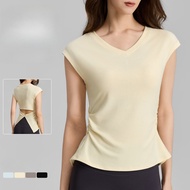 2026 New Style Women Modal Yoga Tops Loose V Neck Ruching Slim T-Shirts Short Sleeve Sports Gym Tops
