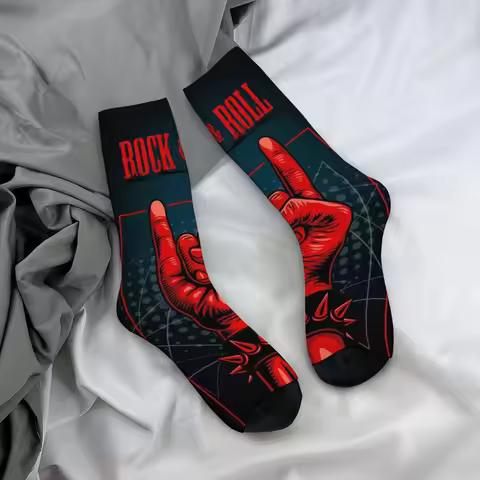 ROCK & ROLL Street Hip-Hop Men's Socks Novelty Funny Happy Crew Socks Retro Style Casual Fashion Spo
