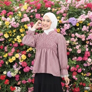 Gingham Long Sleeve Lace Poplin Blouse Rubber Chest Ruffle Top - OMO