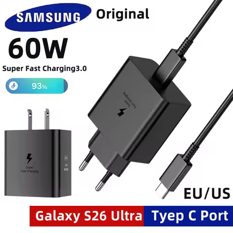 Original SAMSUNG S26 Ultra Charger 60W Fast Charge Adapter EU US Usb C Chargeur Galaxy S26 Plus S22 