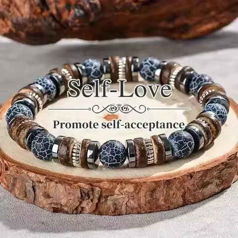 Weathered agate bracelet men natural stone wood outfit sporty vintage jewelry scene fashion accessor