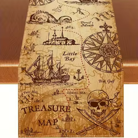 Indiana Jones Pirate Treasure Linen Table Runners Dresser Scarf Table Decor Washable Farmhouse Holid
