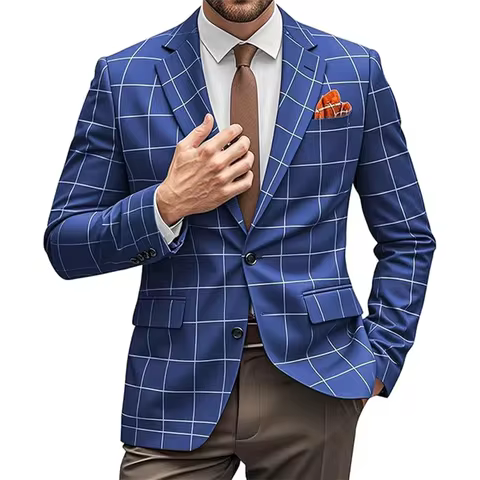 Men's Blazer Plaid Decorated Jacket Summer Single-Piece Jacket Casual Jacket Men's Business Office W