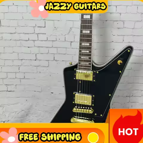 Black Explorer Style Electric Guitar HH Pickups Fixed Bridge Gold Hardware Mahogany Body Rosewood Fi