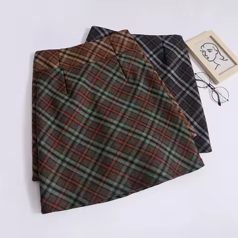 Autumn Winter Retro Plaid Mini Skirt Women High Waist Slim Fit A-Line Woolen Skirt Y2K Preppy Short 