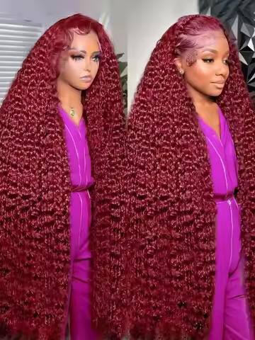 42 46 Inch 99J Burgundy 13x4 13x6 HD Lace Frontal Wig Red Colored Deep Wave Front Water Curly Human 