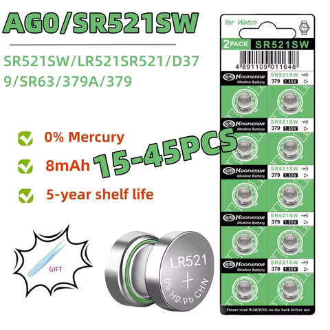 15-45PCS High-Capacity LR521 AG0 Button Batteries SR521SW 379A 379 D379 SR63 1.5V Alkaline Coin Cell