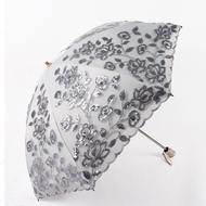 Vinyl Sun Umbrella Embroidery Lace Umbrella Aurora New Sun Umbrella Two-Fold Double-Layer UV-Proof S