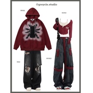 GREYCIE couple outfit Set red spider long-sleeved shirt, wide-leg jeans, crop top, cargo pants S103 