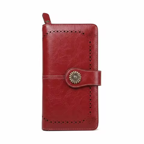 New PU Long Wallet RFID Blocking Snap Closure RFID Wallet Long Foldover Vintage Style Cash Storage W