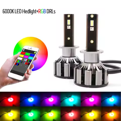 Niscarda 2Pcs H4 H1 H3 H7 H8 H11 9005 9006 80W Car LED RGB Headlight Kit Phone APP Control Bulb Lamp