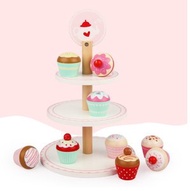 iGlobalStore - 木製三層蛋糕架下午茶玩具組,附蛋糕架和甜點玩具食物 ,適合 3 歲以上幼兒, 女孩和男孩