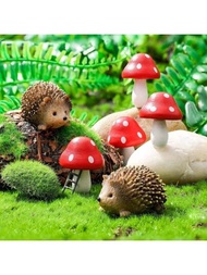 6入組(2隻刺猬和4個蘑菇)樹脂刺猬和木蘑菇微風景裝飾品,童話盆栽,戶外花園動物雕像花園配件