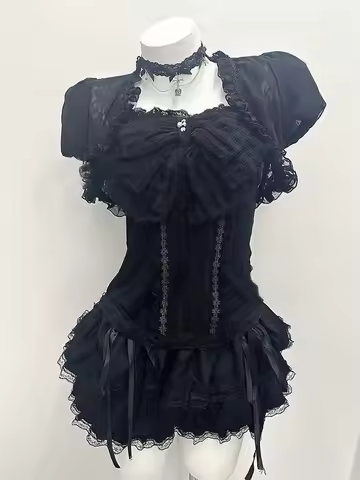 Aesthetic Gothic Lolita Black Lace 3 Piece Skirt Set Women Puff Sleeve Cardigan+Bow Cami Y2K Tops+Ca