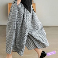 ✦Ready Stock✦ celana kulot wanita perempuan Cotton and linen plaid wide-leg pants women's summer 2022 new products plus size loose and comfortable casual cropped pants fashion culo