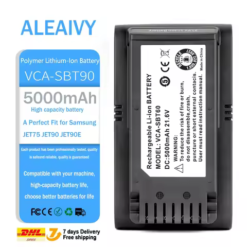High Capacity 5000mAh VCA-SBT90 Vacuum Cleaner Battery for Samsung JET75 JET90 JET90E VS9000 VS20R90