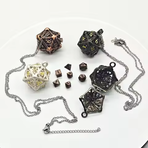 Mini 6MM Metal Flying Dragon Skeleton Dice Necklace D20 Metal Hollow Box+7pcs Metal Dice Pendant Set