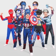 Kids Superhero Muscle Chest Captain America Hulk Iron Man Spider Jumpsuit Cosplay Costume Attached Mask Bodysuit Mask