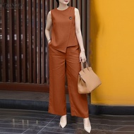 ZANZEA Women Summer 2 Piece Sets Crew Neck A-Line Sleeveless Tank Tops Solid OL Work Long Pants Suit