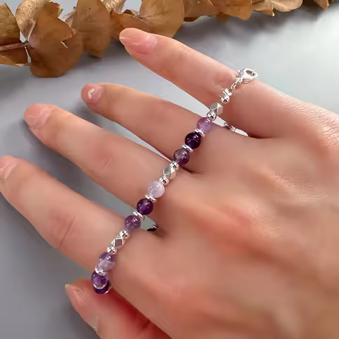 925 Sterling Silver Natural Amethyst Crystal Silver Round Bead Bracelet For Women Gift Bohemia Jewel