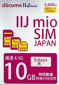 NTT Docomo - NTT docomo - Docomo日本原生卡 IIJmio【日本】5天 10GB 高速4.5G 無限上網卡數據卡電話卡Sim咭