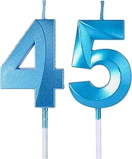 Blue 45th & 54th Birthday Candles for Cakes, Number 45 54 Glitter Candle Cake Topper for Party Anniv