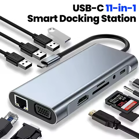 11-in-1 Type-C Docking Station USB C Splitter to USB3.0/USB2.0/4K HDMI/VGA/PD 87W/100M RJ45/AUX/SD/T