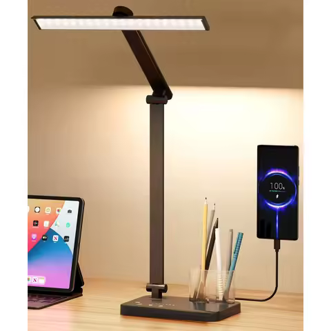 LED Desk Lamp with USB Charging Port, Eye-Caring/Foldable, Touch Control Dimmable 5 Color Modes, 45 