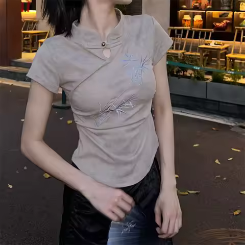 New Chinese Style Top Women Elegant Chesongam Shirt Embroider Bamboo Qipao Blouse Improved Hanfu Ves