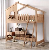 p591 兒童床全實木半高床帶櫃上下鋪雙層組合子母樹屋床（包運送）
