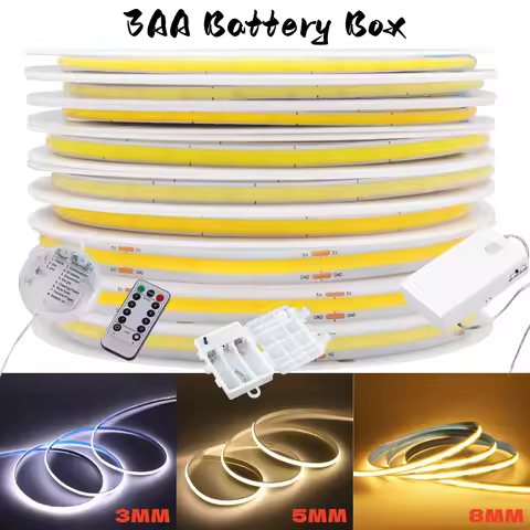 5V COB LED Strip Light with 3AA Battery Box 3MM 5MM 8MM High Density Flexible FOB 320LEDs/M RA90 Lin