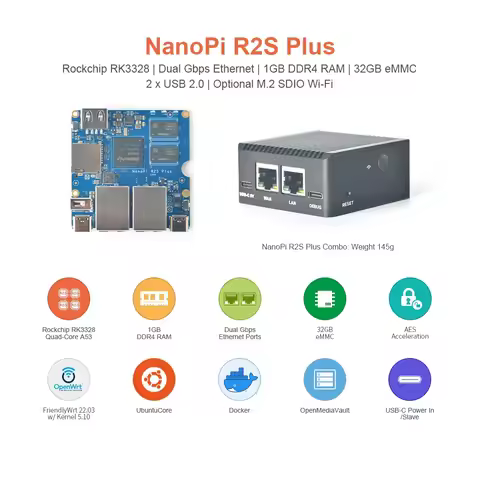 NanoPi R2S PLUS (1G DDR4 RAM & 0/32Gb eMMC) , Rockchip RK3328, Quad Cortex-A53,LAN Dual 1000M Ethern