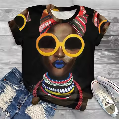 Vintage African Women 3d Print Tshirt Female Fashion Casual O-Neck Graphic T Shirt Ladies Black Face