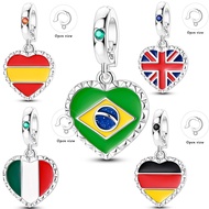 New S925 Sterling Silver Heart Flag Charms – Brazil, Spain, UK, Italy & Germany Universal Buckle Pen
