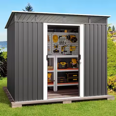 7.4'x5.3' Outdoor Storage Shed Metal Garden Shed with Sliding Lockable Doors, Versatile Tool Bike Sh