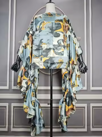 Kuwait Fashion Boho PrintedOne-Shoulder Puff Sleeves Silk Printed Kaftan Blouse Oversized Kuwait Blo
