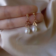 Natural freshwater pearl earrings with bay leaves and tree leaves earrings