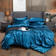 LZD 4 in 1 Satin Ice Silk Solid Color Home Queen King Size Bed Sheet Quilt Cover Pillowcase Bedding 