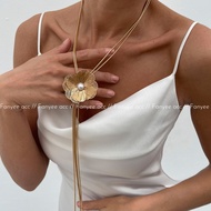 [Fanyee] 3D Floral Pearl Long Tassel Collarbone Necklace Metallic Chain Women’s Neck Jewelry Q1354