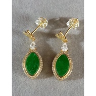 #J732 100% Natural Grade A Green Jade Jadeite Earrings H25.5m 925 Silver Gold
