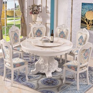 S-T💛European-Style Dining Tables and Chairs Set Marble round Table Solid Wood Dining Table round a Table with Six Chairs