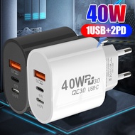 40W 3-Ports Mobile Phone Charging Adapter Dual Type-C USB Fast Charger- EU/US Plug 3.0 Wall Quick Ch