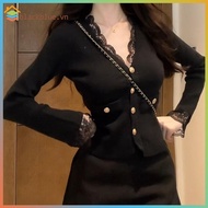 BBLUE Short Cardigans V Ne Elegant Lace Patchwork Vintage Woman Sweaters Autumn Winter Korean Fashio