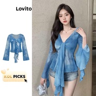 (KOL‘s pick) Lovito Vacation Glamorous Tie Dye Contrast Mesh Front Frill Blouse for Women L106AD939