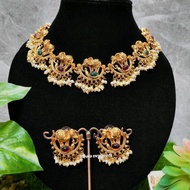 AZHAGI's Elephant Design in Green maroon stone with Stone beads  Necklaces Jewelry