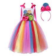 7TZZOOI Rainbow Candy Princess Dress for Girl With Headband Tutu Cosplay Costume For Kids Christmas 