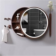 LED Mirror Cabinet with Touch Switch Round Wooden Wall Mirror Modern Decorative 3-Layer Shelves Vanity Mirror Bathroom Cabinet Mirror for Bathroom, Kitchen, Bedroom